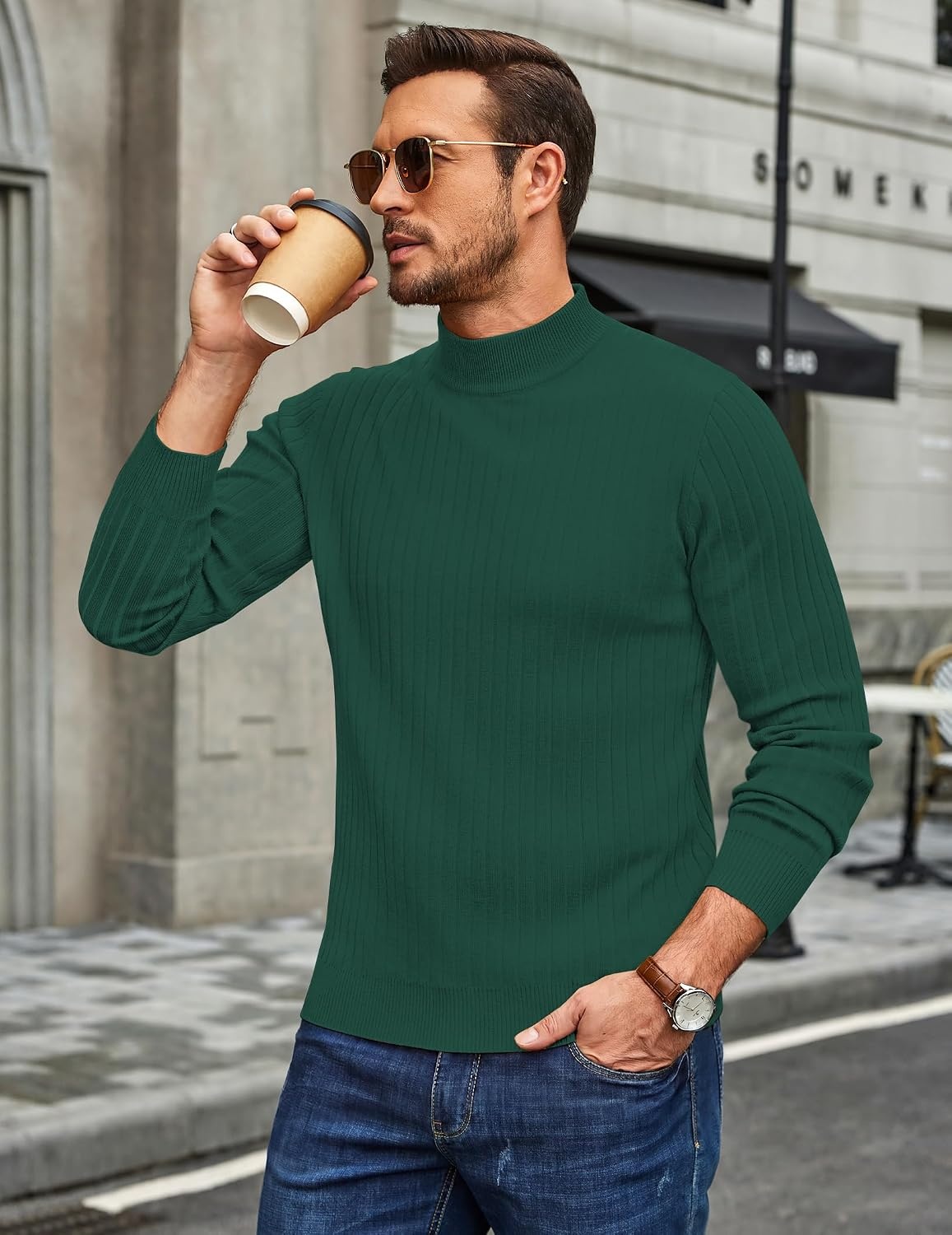 image:imageCOOFANDY Mens Turtleneck Sweater Mock Neck Knitted Ribbed Pullover SweaterLake Green