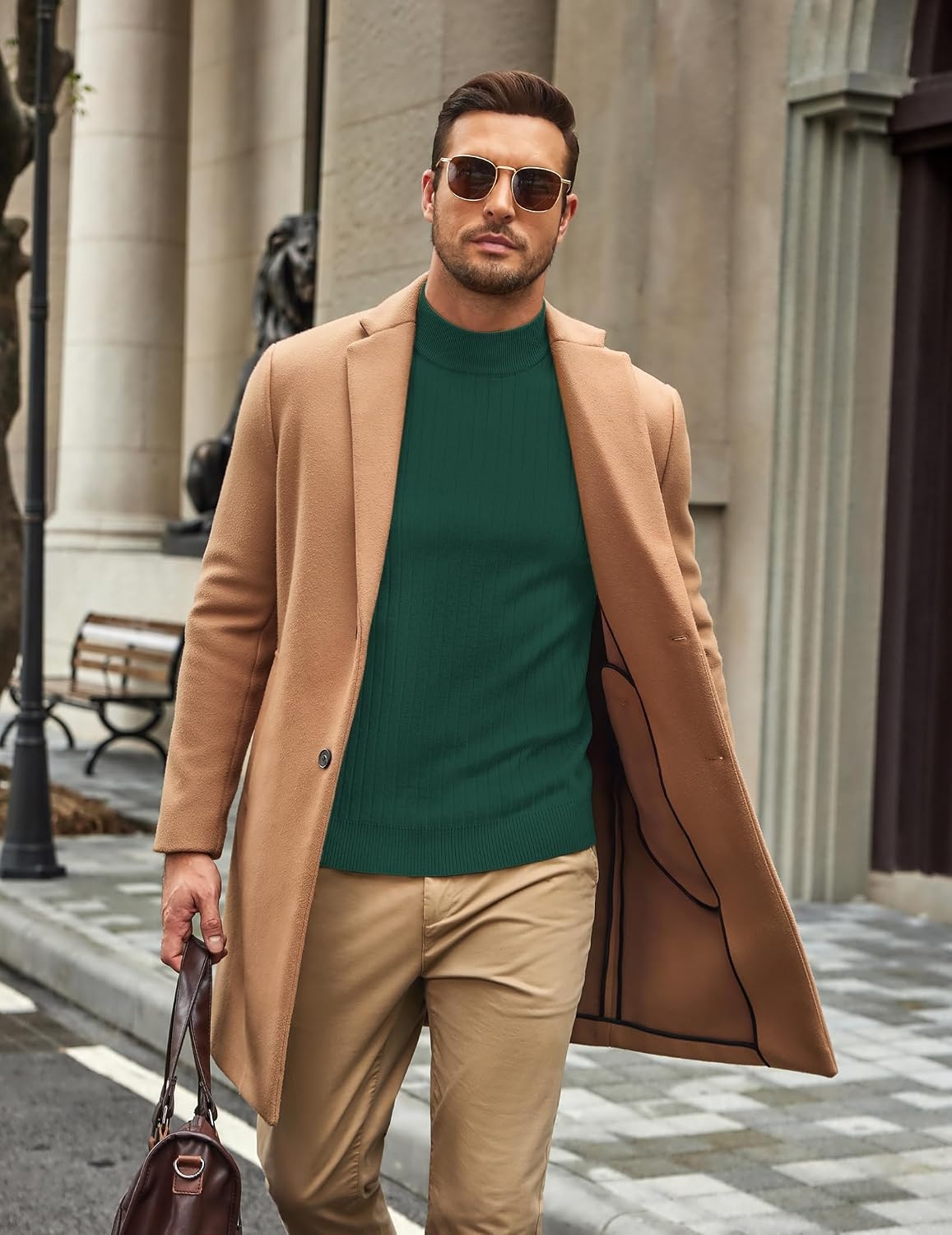 image:imageCOOFANDY Mens Turtleneck Sweater Mock Neck Knitted Ribbed Pullover SweaterLake Green