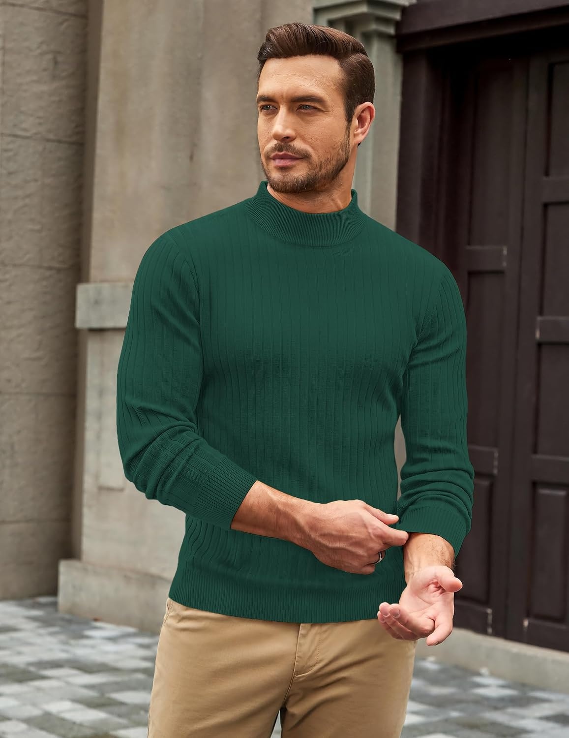 image:imageCOOFANDY Mens Turtleneck Sweater Mock Neck Knitted Ribbed Pullover SweaterLake Green