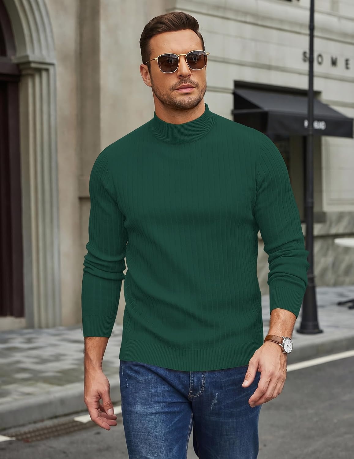 image:imageCOOFANDY Mens Turtleneck Sweater Mock Neck Knitted Ribbed Pullover SweaterLake Green