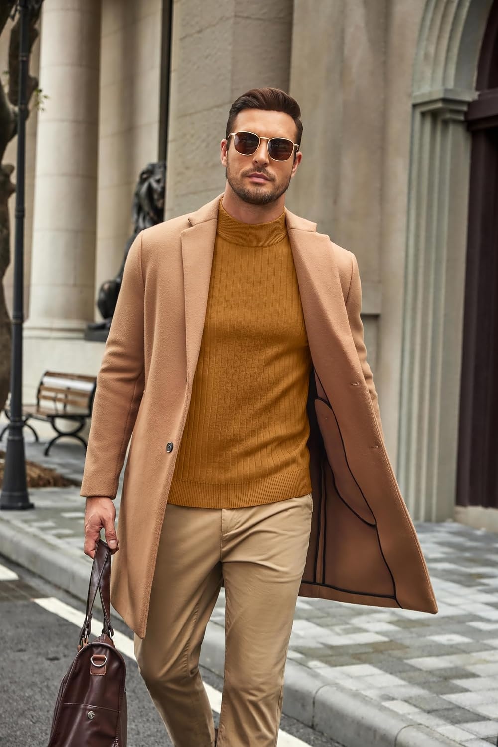 image:imageCOOFANDY Mens Turtleneck Sweater Mock Neck Knitted Ribbed Pullover SweaterLight Brown