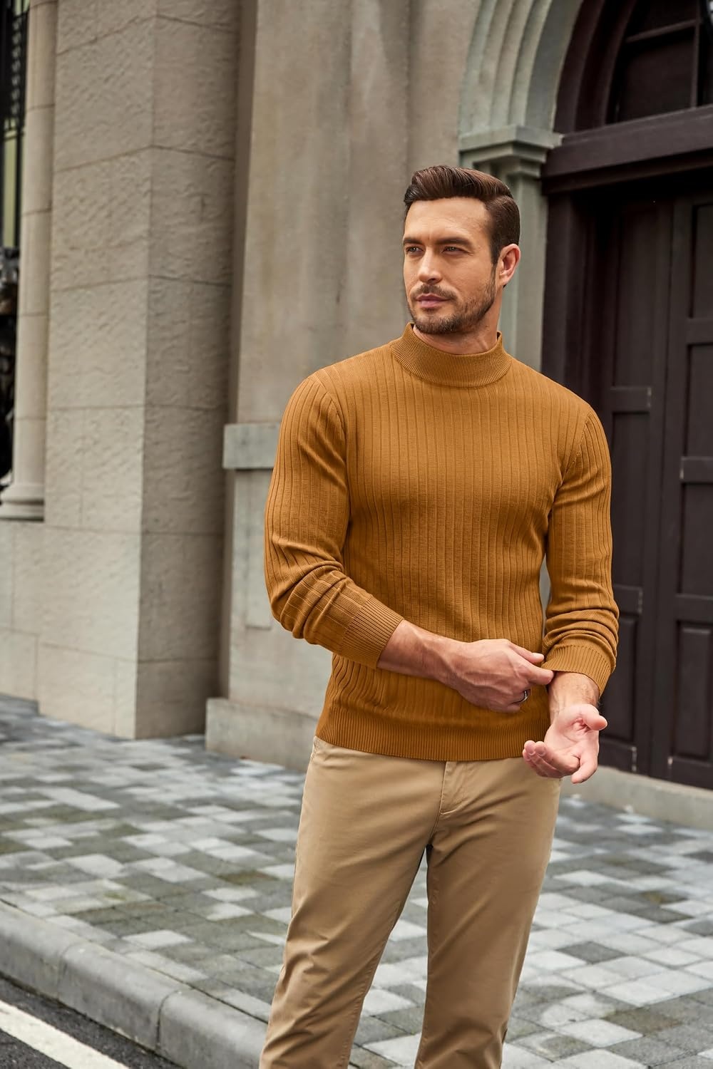 image:imageCOOFANDY Mens Turtleneck Sweater Mock Neck Knitted Ribbed Pullover SweaterLight Brown