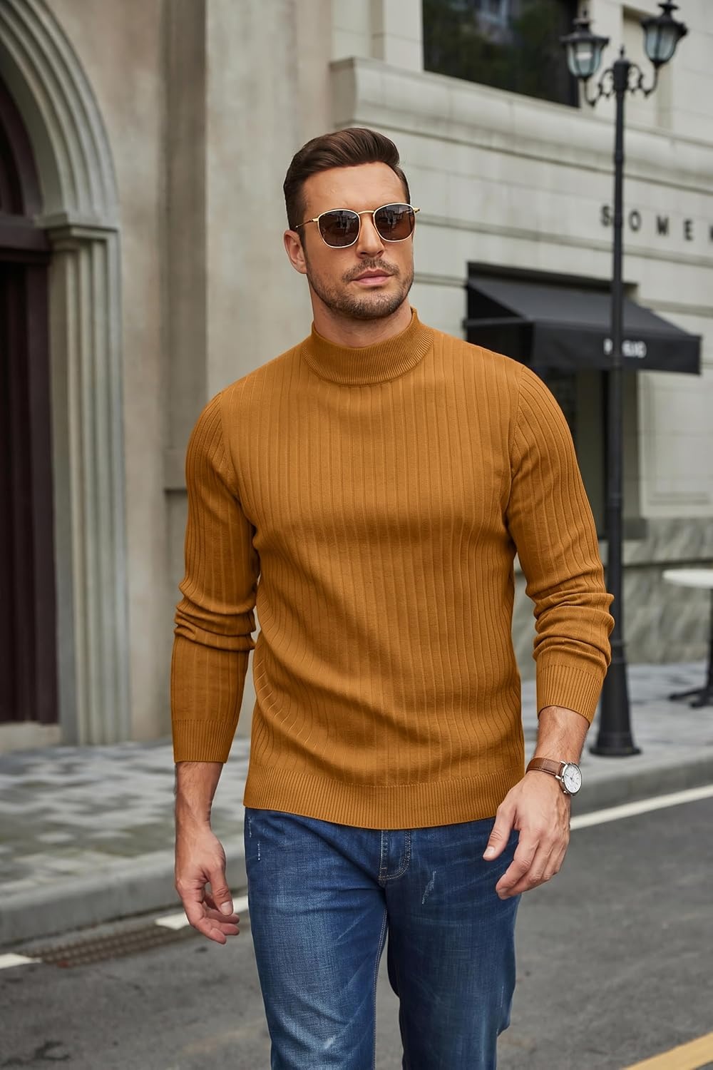 image:imageCOOFANDY Mens Turtleneck Sweater Mock Neck Knitted Ribbed Pullover SweaterLight Brown