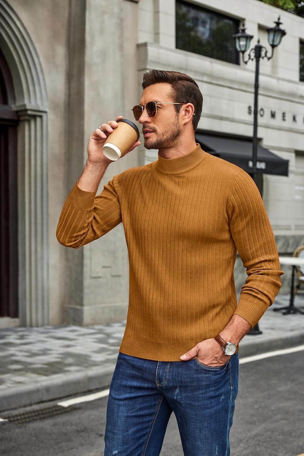 image:imageCOOFANDY Mens Turtleneck Sweater Mock Neck Knitted Ribbed Pullover SweaterLight Brown