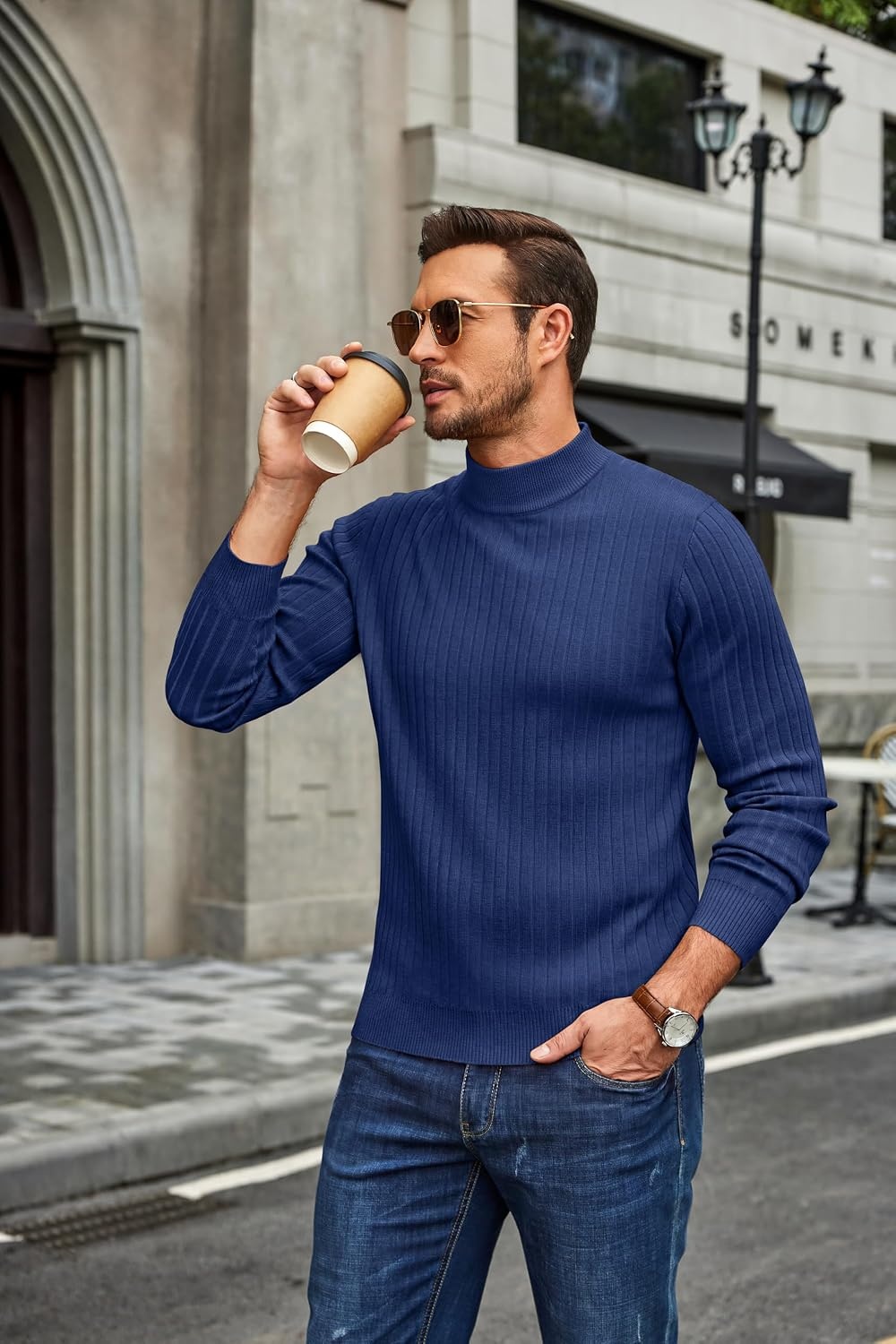 image:imageCOOFANDY Mens Turtleneck Sweater Mock Neck Knitted Ribbed Pullover SweaterNavy Blue