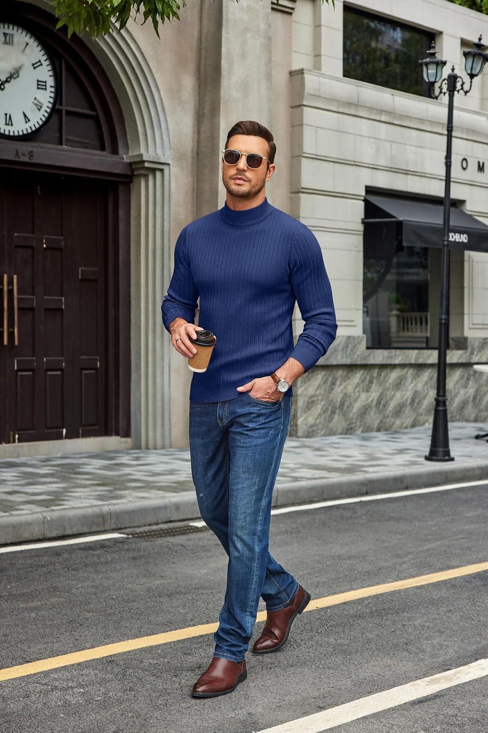 image:imageCOOFANDY Mens Turtleneck Sweater Mock Neck Knitted Ribbed Pullover SweaterNavy Blue