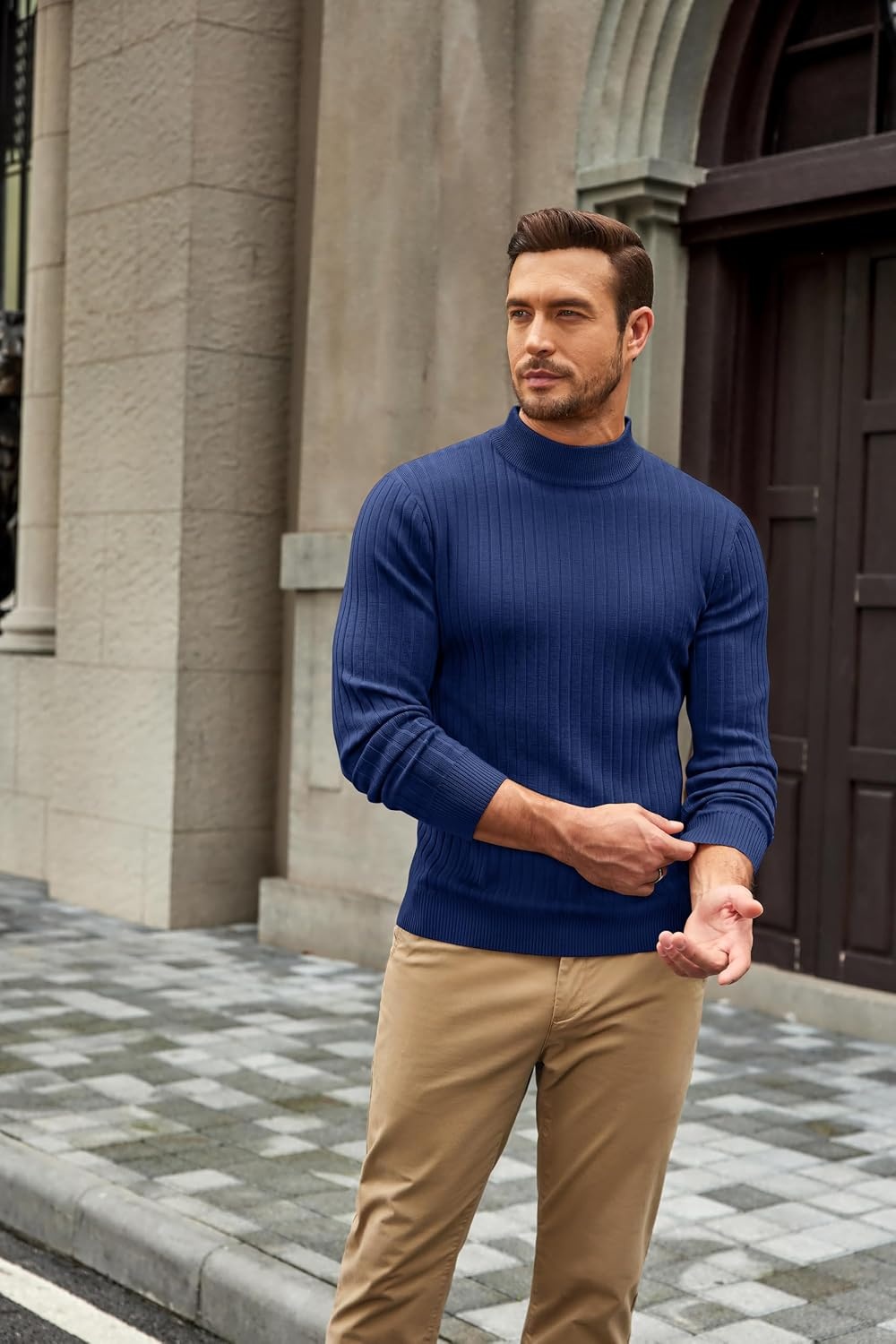 image:imageCOOFANDY Mens Turtleneck Sweater Mock Neck Knitted Ribbed Pullover SweaterNavy Blue