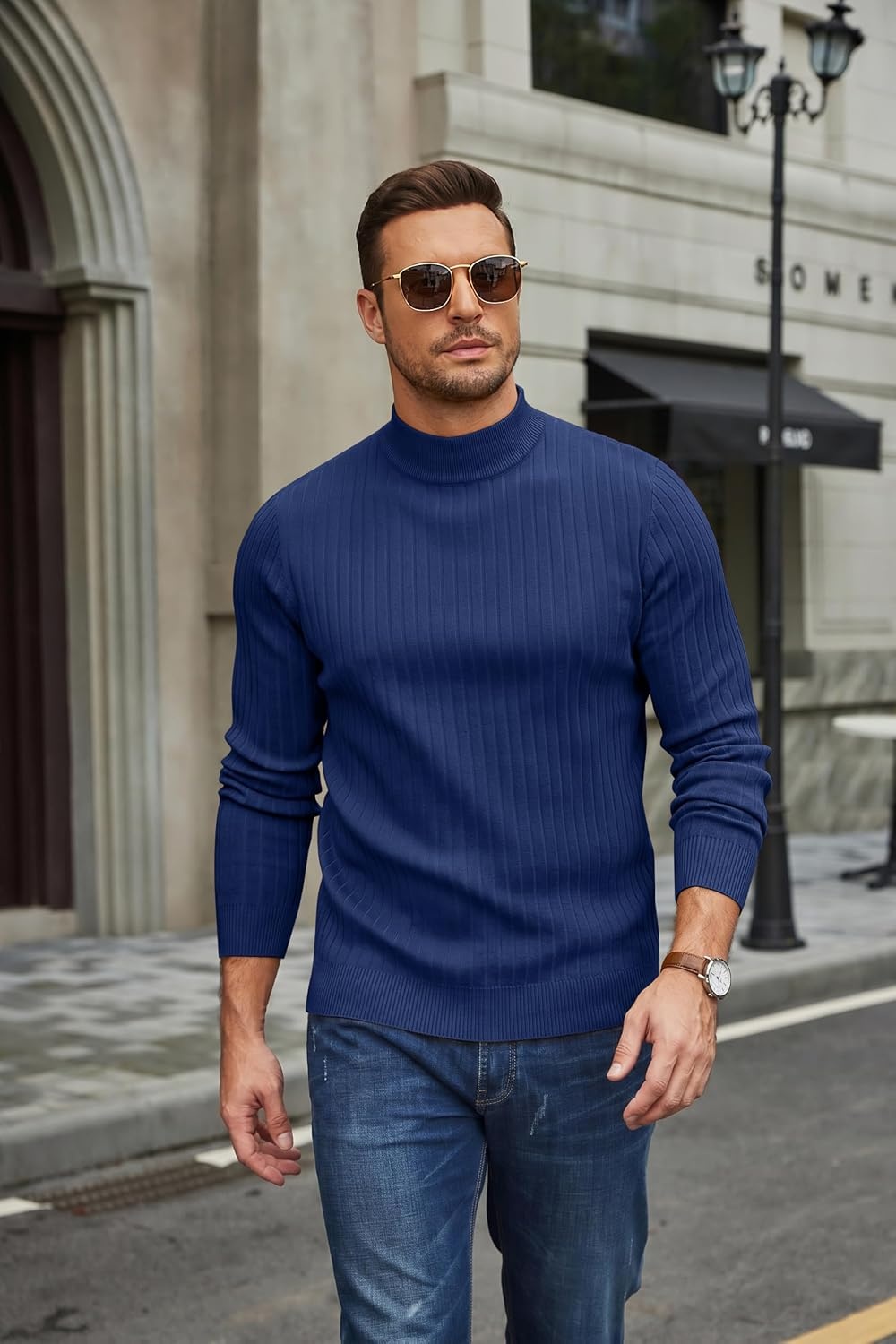 image:imageCOOFANDY Mens Turtleneck Sweater Mock Neck Knitted Ribbed Pullover SweaterNavy Blue