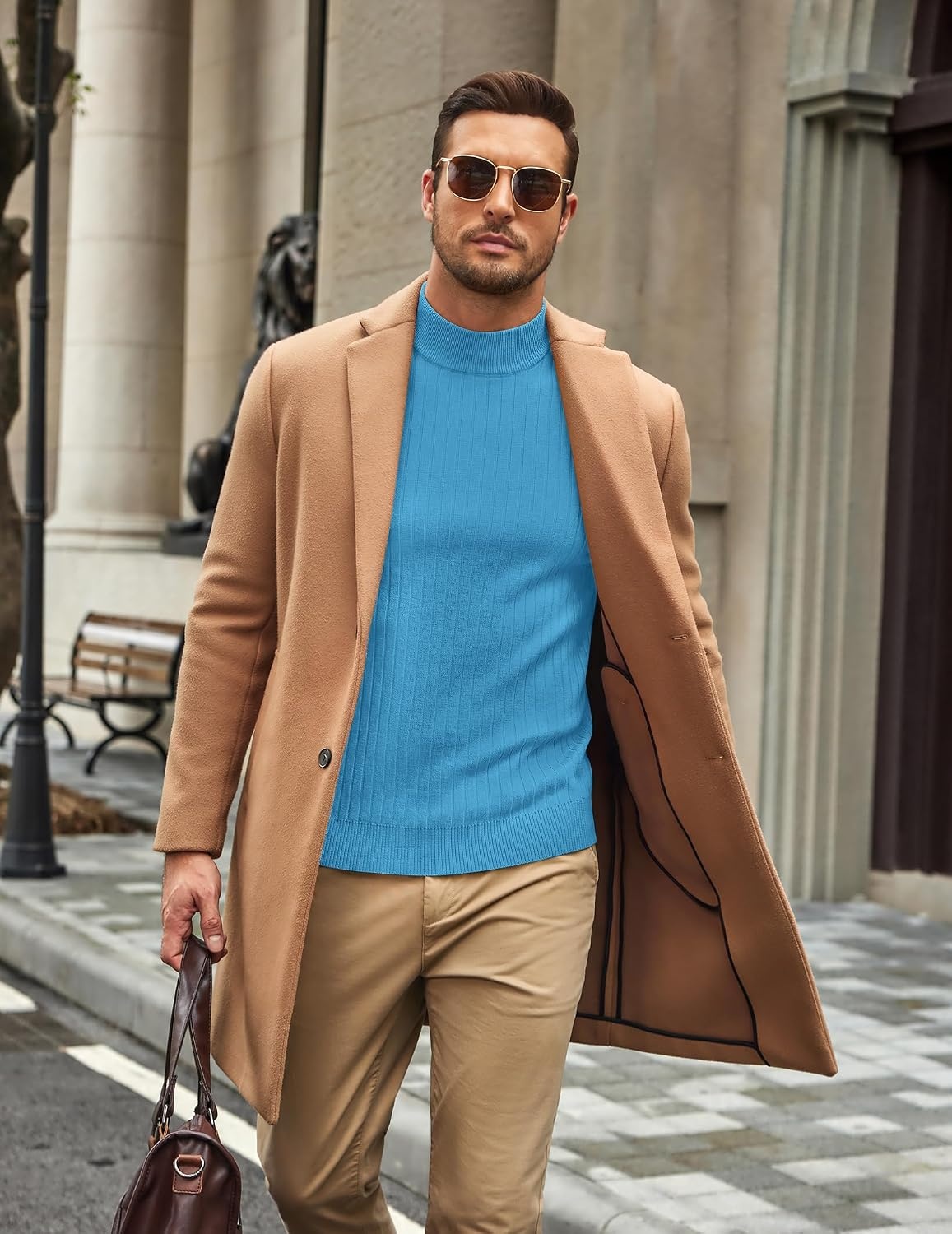 image:imageCOOFANDY Mens Turtleneck Sweater Mock Neck Knitted Ribbed Pullover SweaterSea Blue