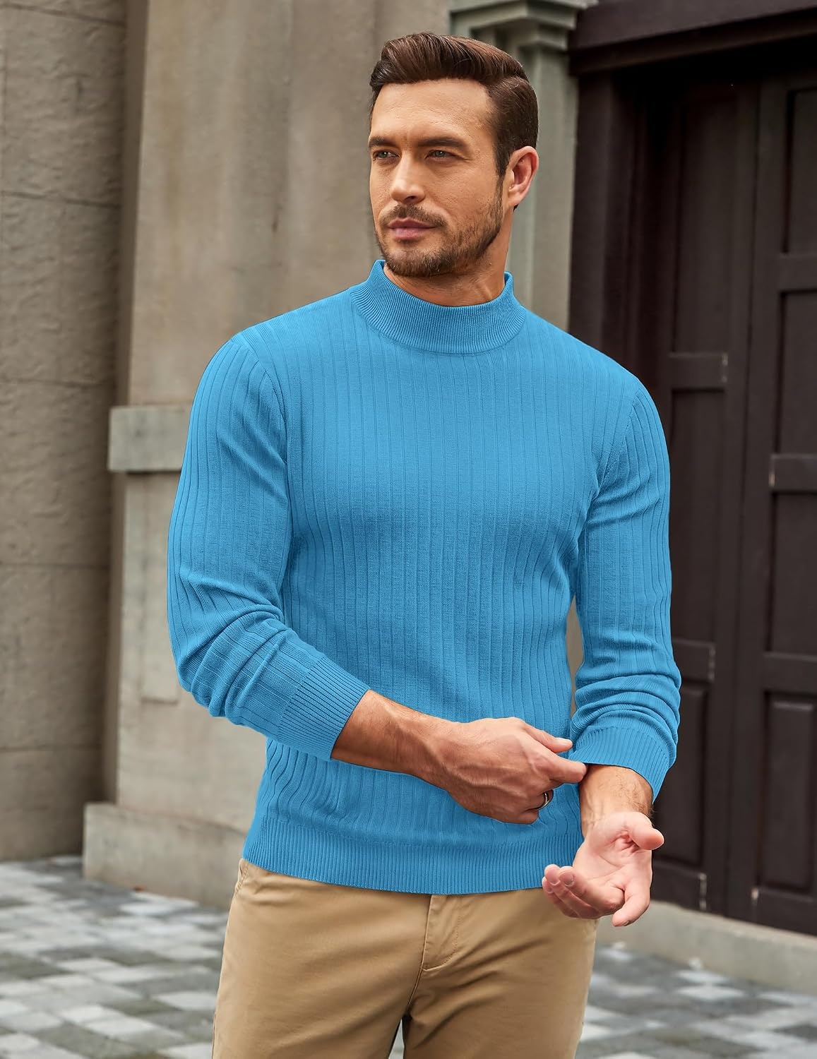 image:imageCOOFANDY Mens Turtleneck Sweater Mock Neck Knitted Ribbed Pullover SweaterSea Blue