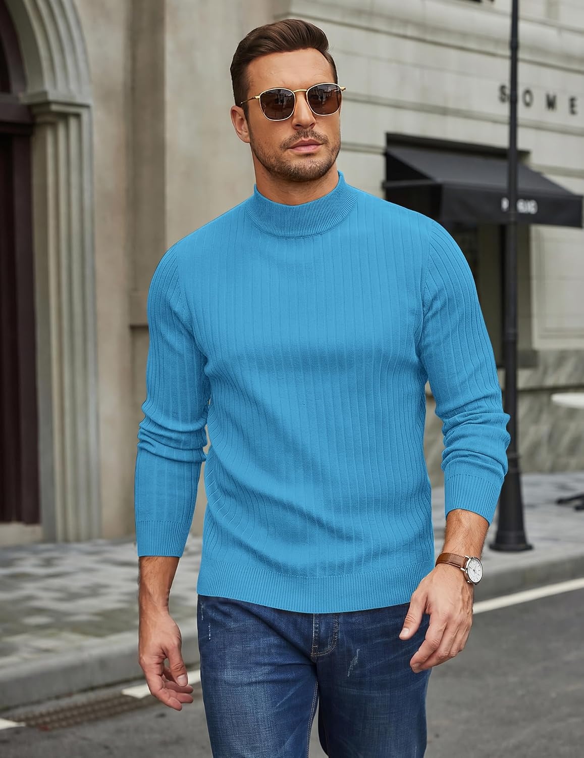 image:imageCOOFANDY Mens Turtleneck Sweater Mock Neck Knitted Ribbed Pullover SweaterSea Blue