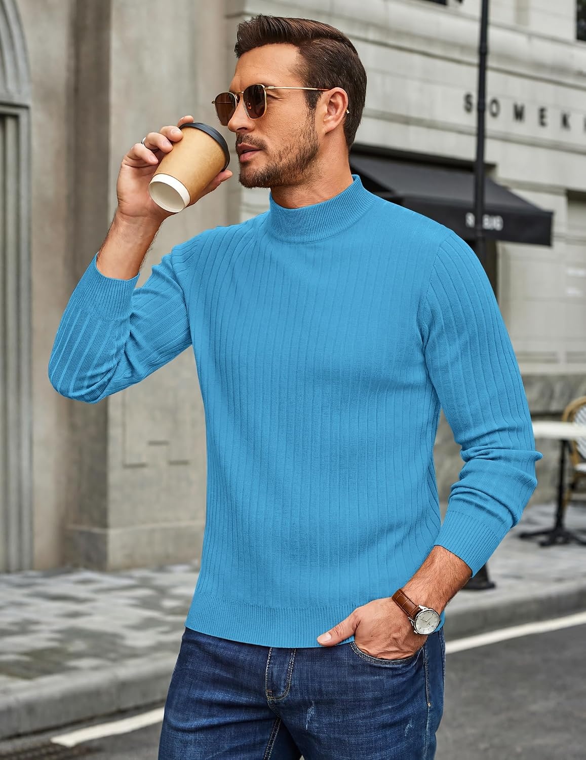 image:imageCOOFANDY Mens Turtleneck Sweater Mock Neck Knitted Ribbed Pullover SweaterSea Blue