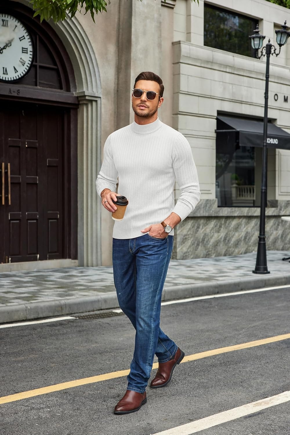 image:imageCOOFANDY Mens Turtleneck Sweater Mock Neck Knitted Ribbed Pullover SweaterWhite