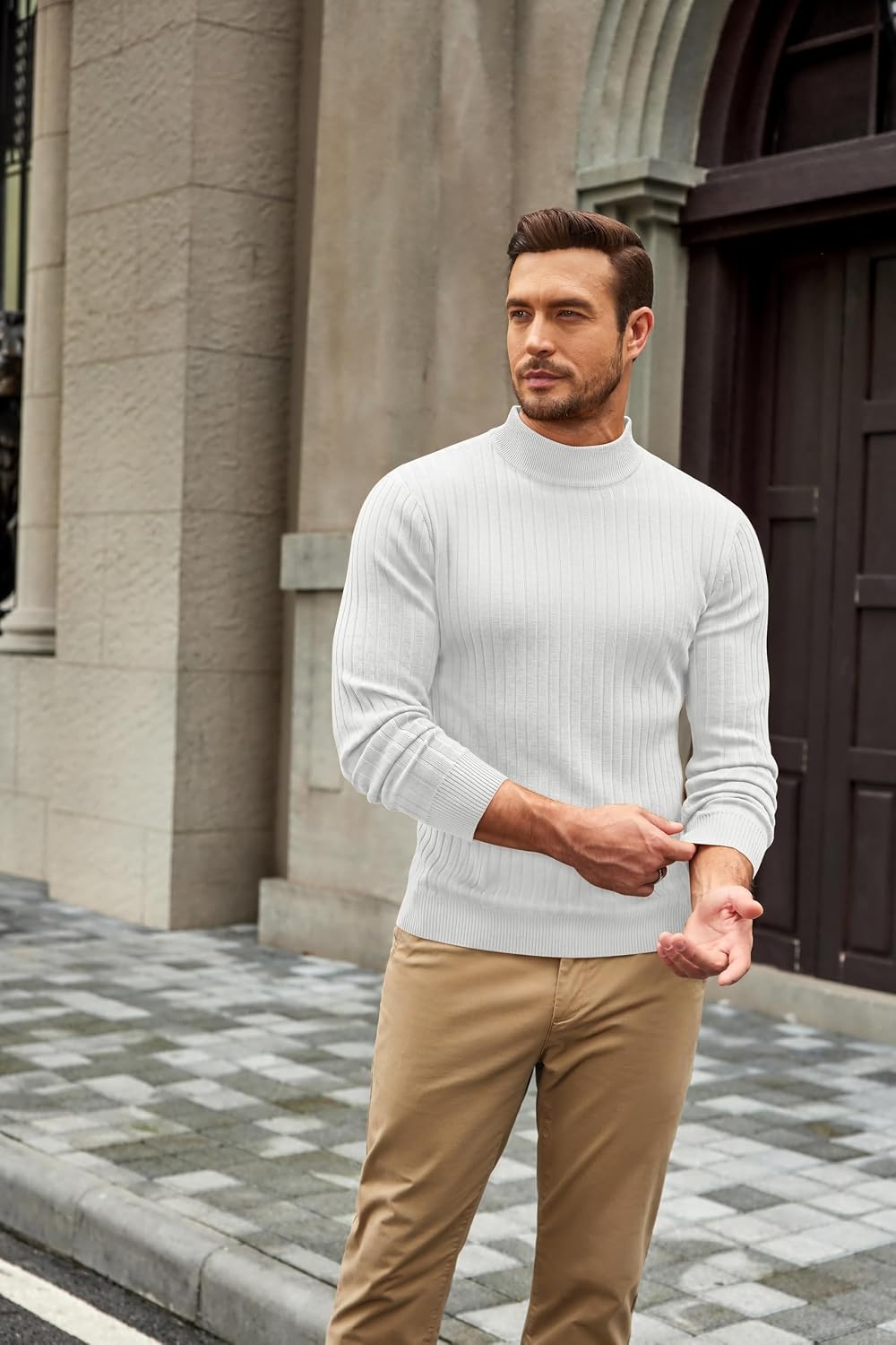 image:imageCOOFANDY Mens Turtleneck Sweater Mock Neck Knitted Ribbed Pullover SweaterWhite