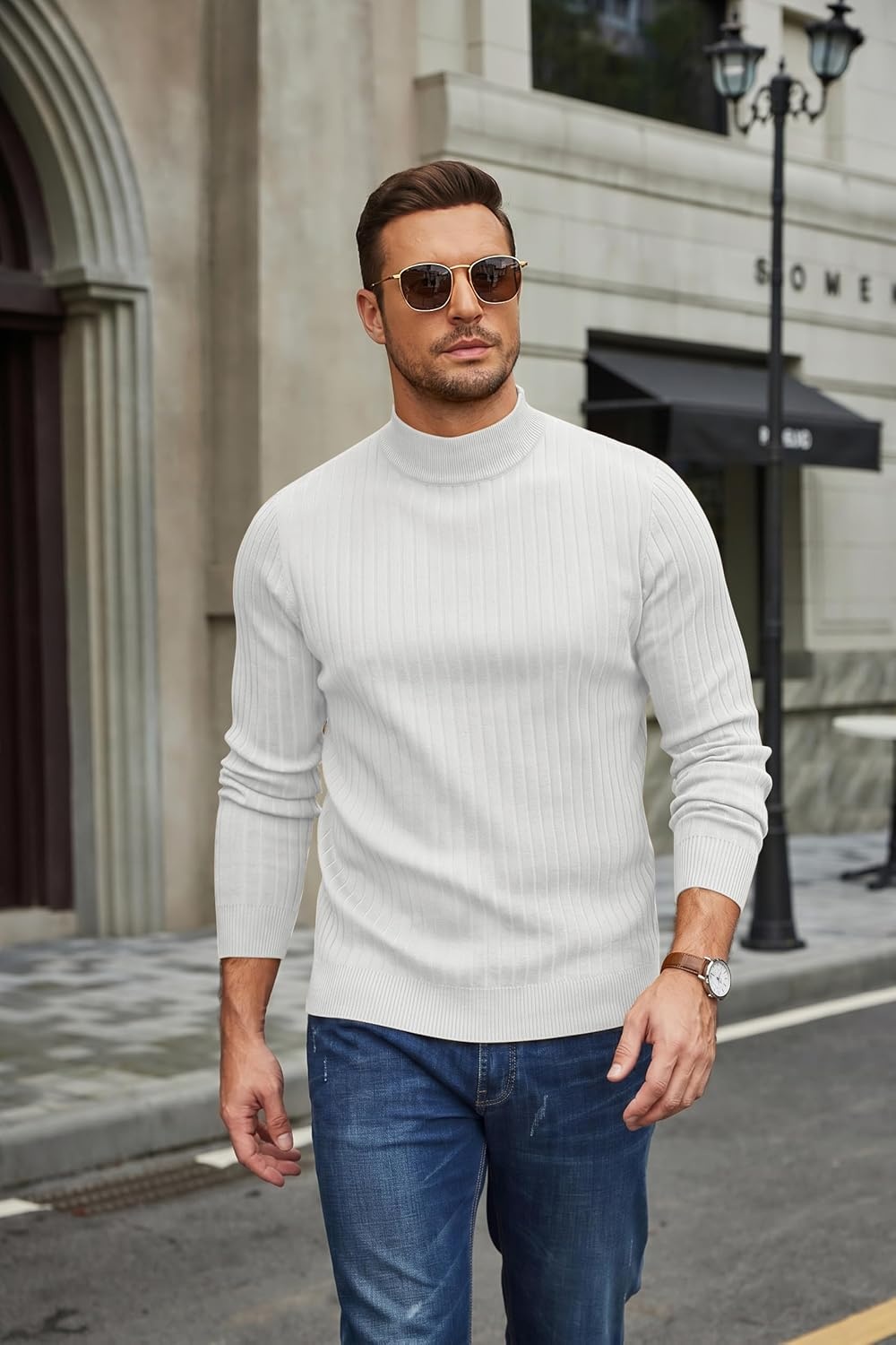 image:imageCOOFANDY Mens Turtleneck Sweater Mock Neck Knitted Ribbed Pullover SweaterWhite