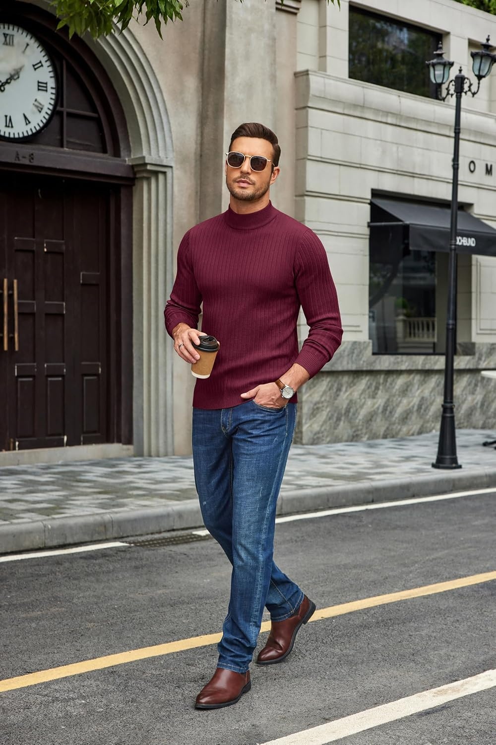 image:imageCOOFANDY Mens Turtleneck Sweater Mock Neck Knitted Ribbed Pullover SweaterWine Red