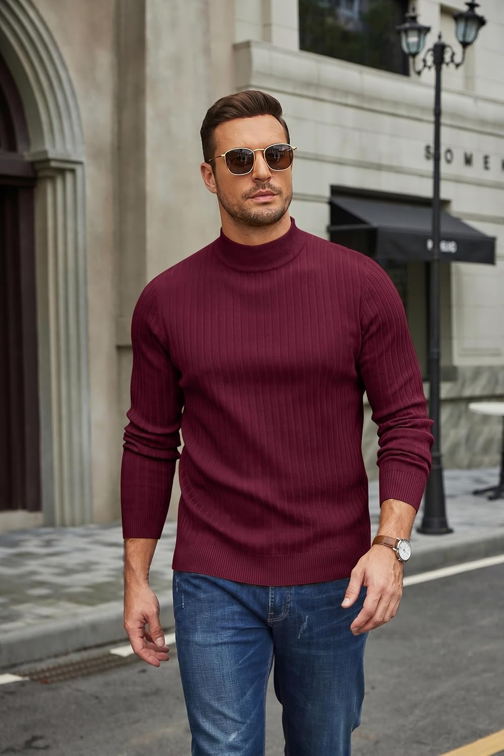 image:imageCOOFANDY Mens Turtleneck Sweater Mock Neck Knitted Ribbed Pullover SweaterWine Red