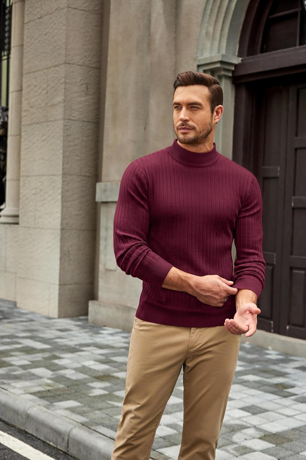 image:imageCOOFANDY Mens Turtleneck Sweater Mock Neck Knitted Ribbed Pullover SweaterWine Red