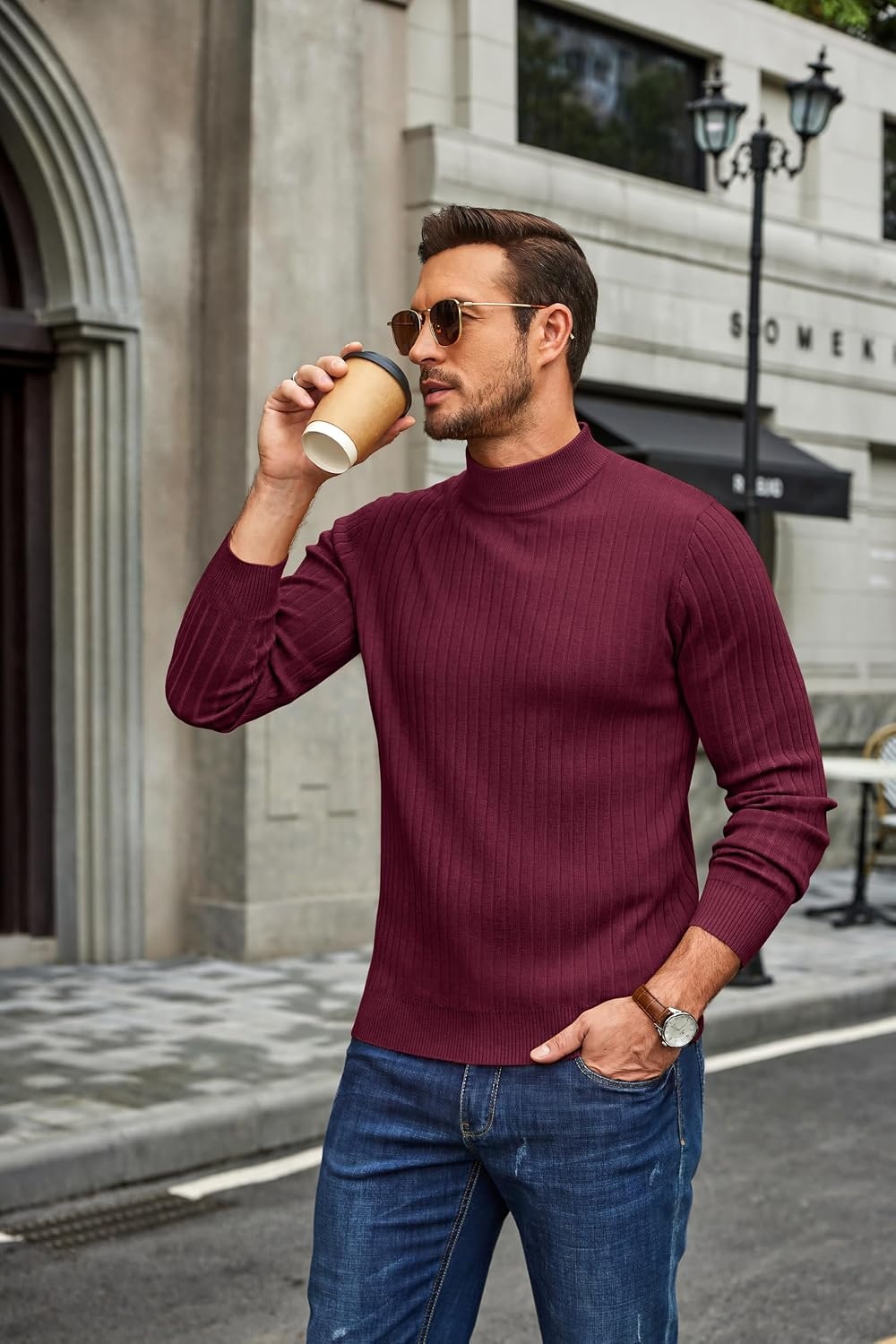 image:imageCOOFANDY Mens Turtleneck Sweater Mock Neck Knitted Ribbed Pullover SweaterWine Red