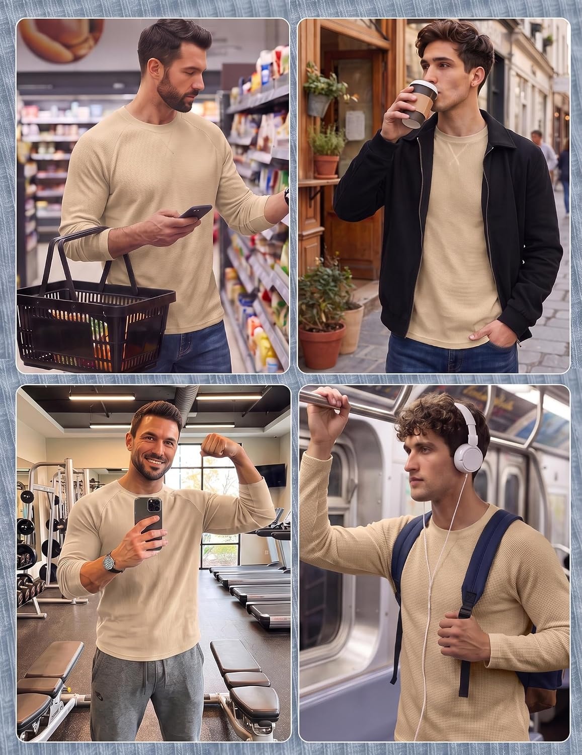 image:imageCOOFANDY Mens Waffle Long Sleeve Shirt Crew Neck TShirts Cotton Tee ShirtsKhaki