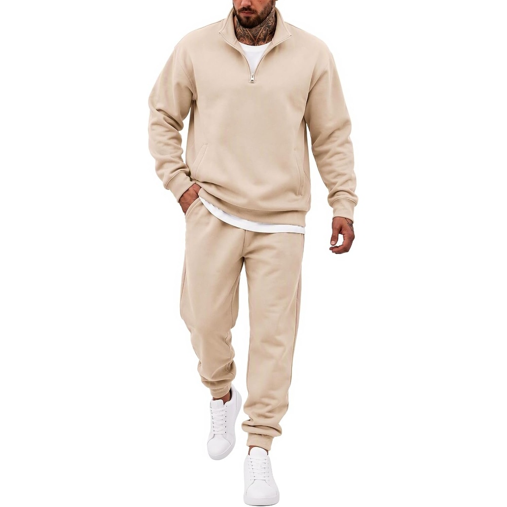 image:imageCOOFANDY 2 Piece Set for Men Sweatsuit 14 Zip Sweatshirt and Jogger pantsCream