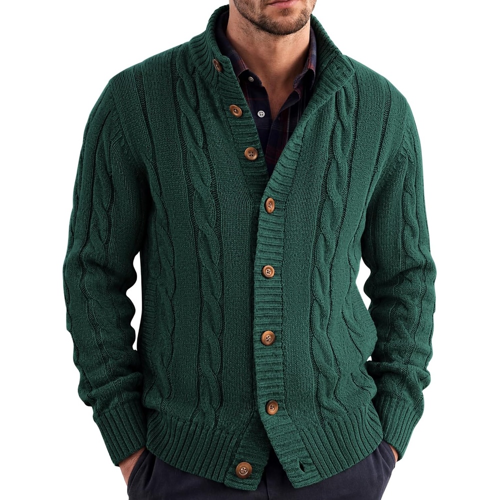 image:imageCOOFANDY Mens Cardigan Sweater Slim Fit Stand Collar Cardigan Cable KnitGreen