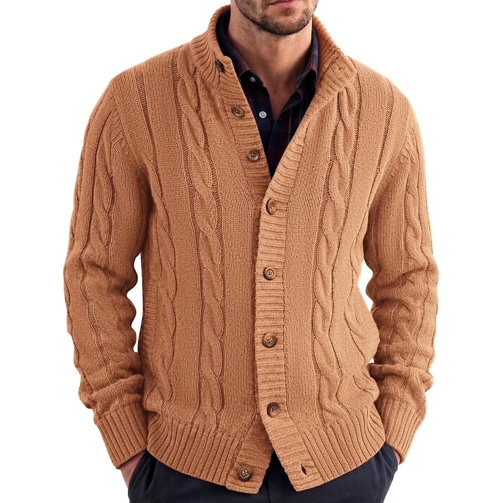 image:imageCOOFANDY Mens Cardigan Sweater Slim Fit Stand Collar Cardigan Cable KnitLight Caramel