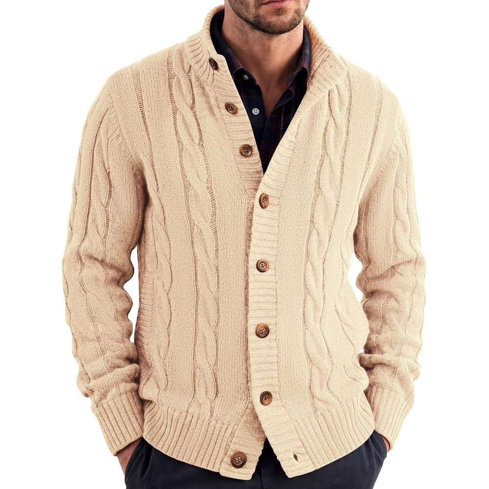 image:imageCOOFANDY Mens Cardigan Sweater Slim Fit Stand Collar Cardigan Cable KnitLight Khaki