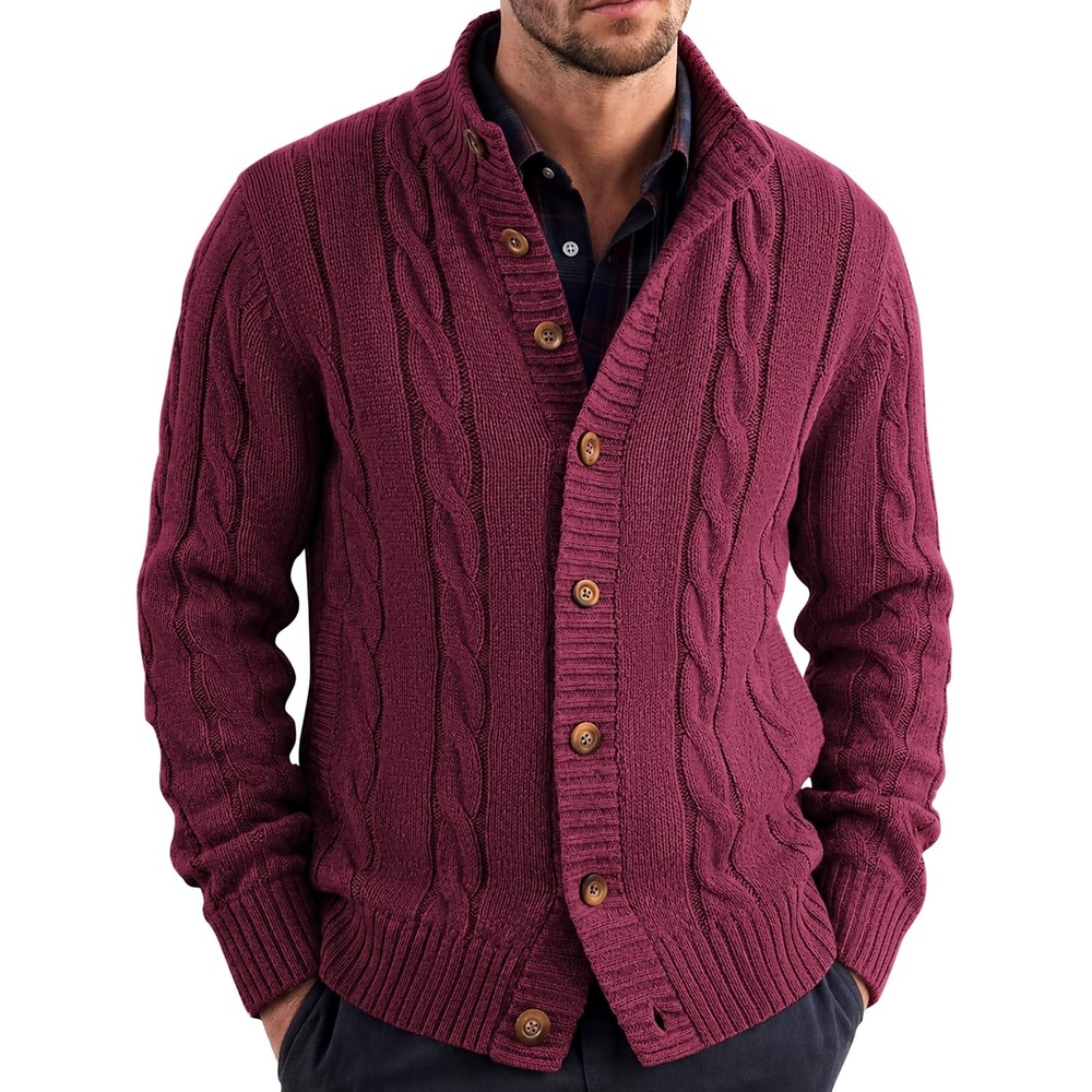 image:imageCOOFANDY Mens Cardigan Sweater Slim Fit Stand Collar Cardigan Cable KnitWine Red