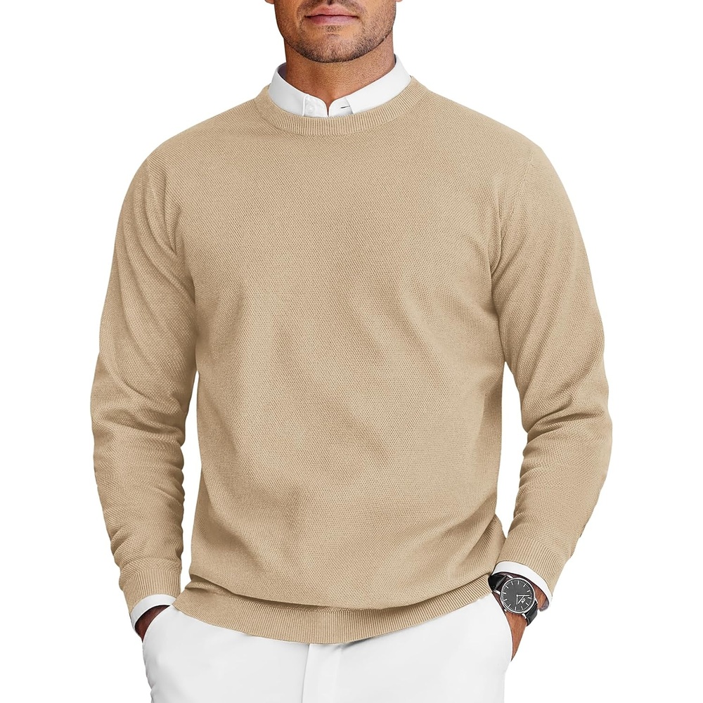 image:imageCOOFANDY Mens Crew Neck Sweaters Long Sleeve Lightweight Pullover SweaterLight Camel