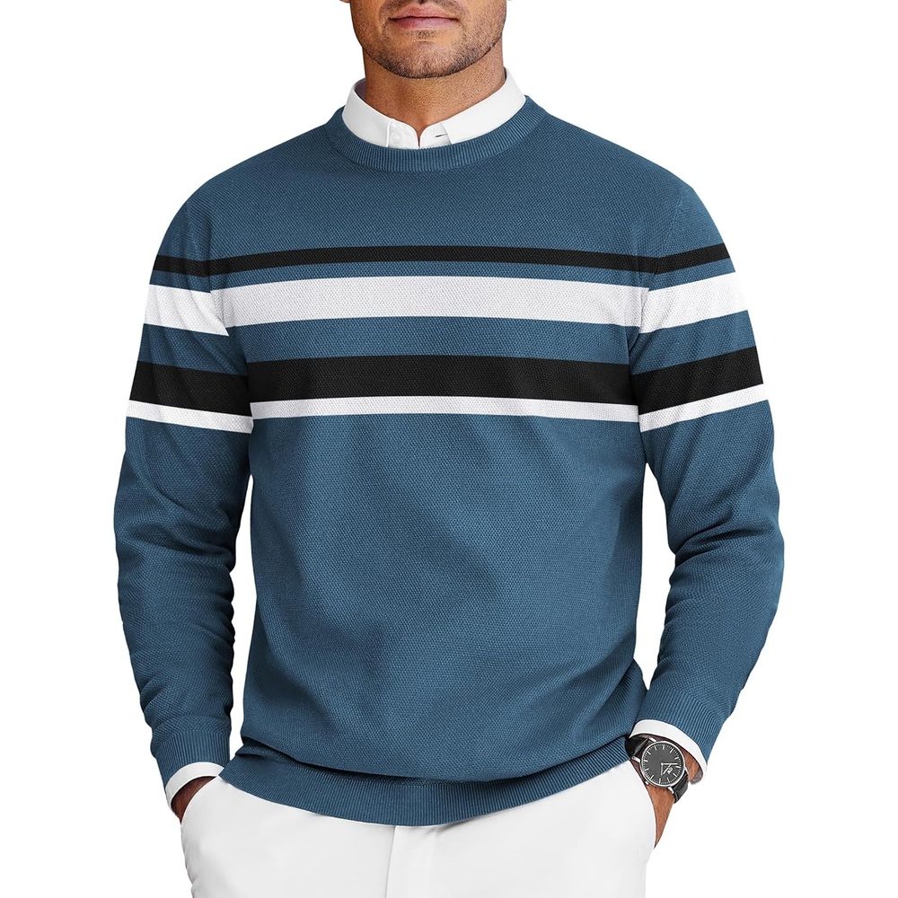image:imageCOOFANDY Mens Crew Neck Sweaters Long Sleeve Lightweight Pullover SweaterStripesblue