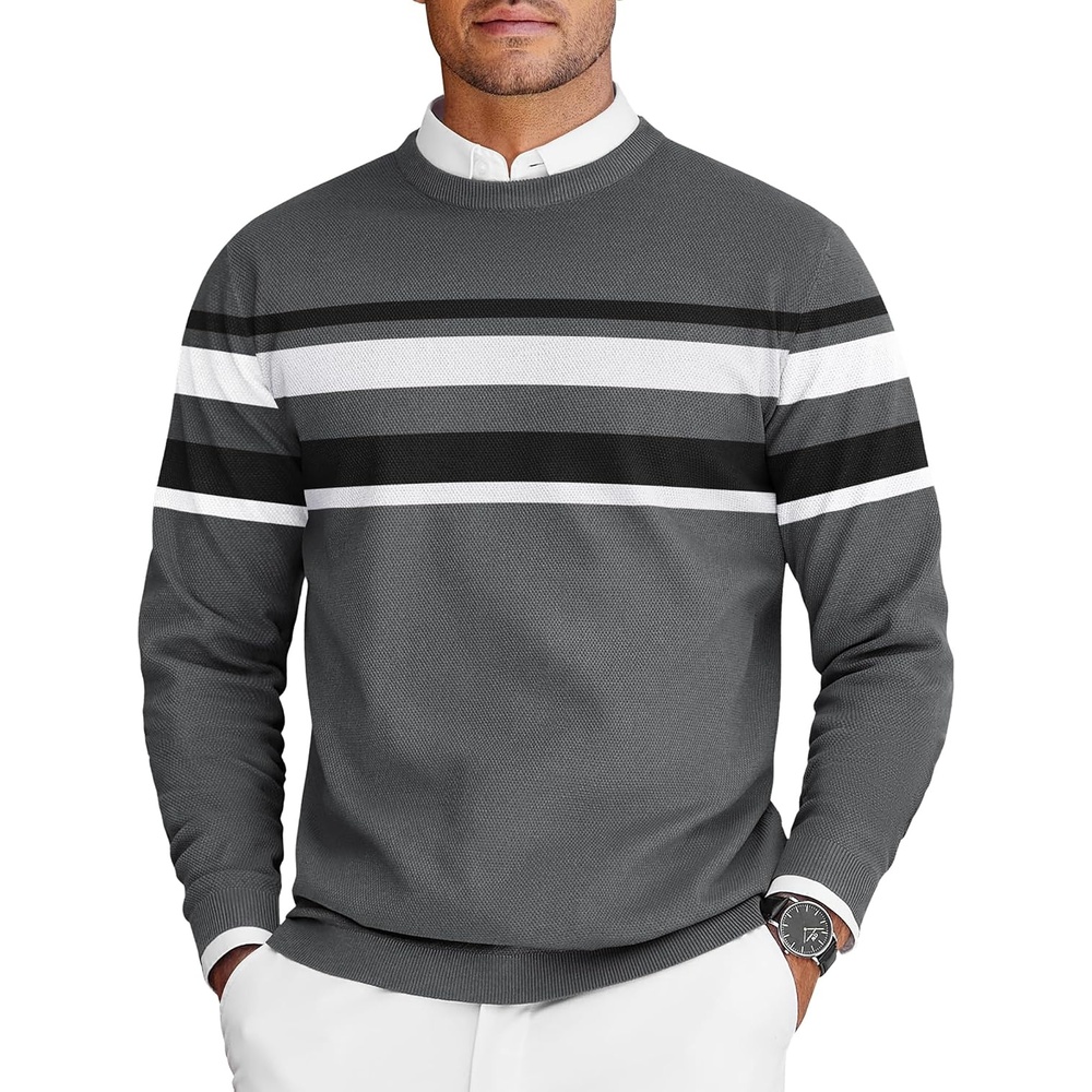 image:imageCOOFANDY Mens Crew Neck Sweaters Long Sleeve Lightweight Pullover SweaterStripesdark Gray