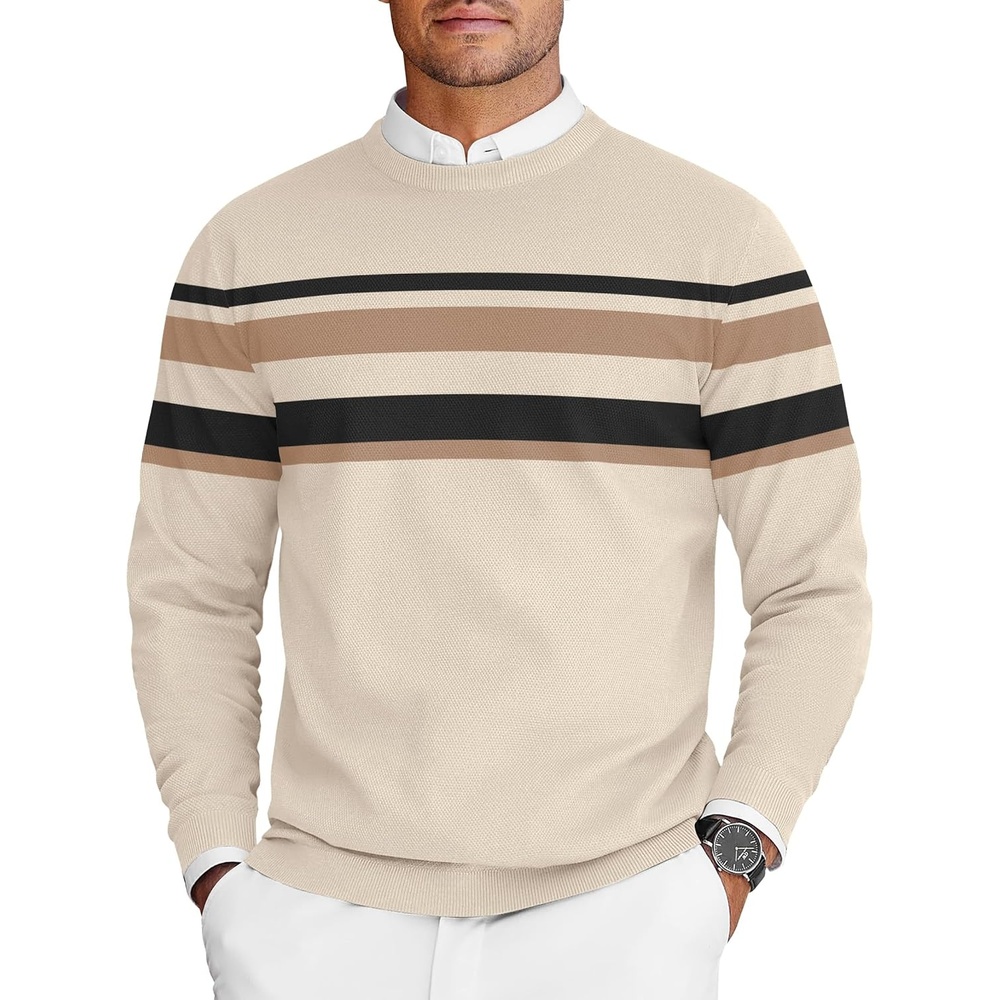 image:imageCOOFANDY Mens Crew Neck Sweaters Long Sleeve Lightweight Pullover SweaterStripeslight Apricot