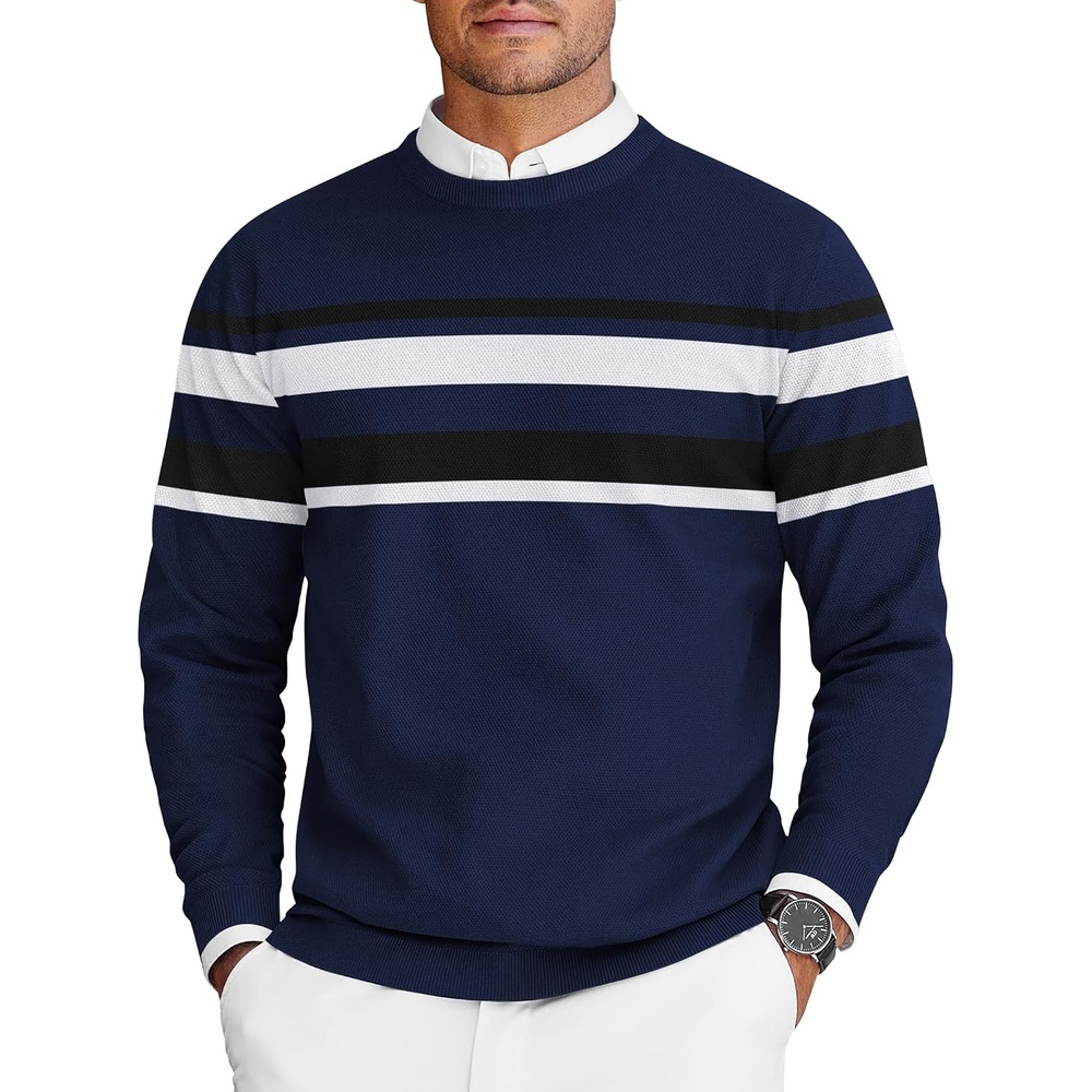 image:imageCOOFANDY Mens Crew Neck Sweaters Long Sleeve Lightweight Pullover SweaterStripesnavy Blue