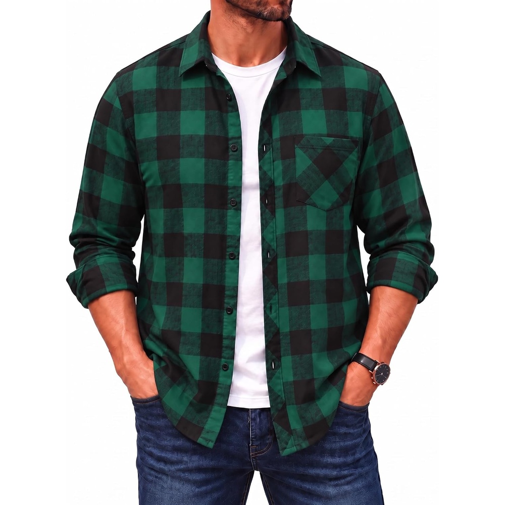 image:imageCOOFANDY Mens Flannel Plaid Shirts Long Sleeve Caual Button Down ShirtsGreen
