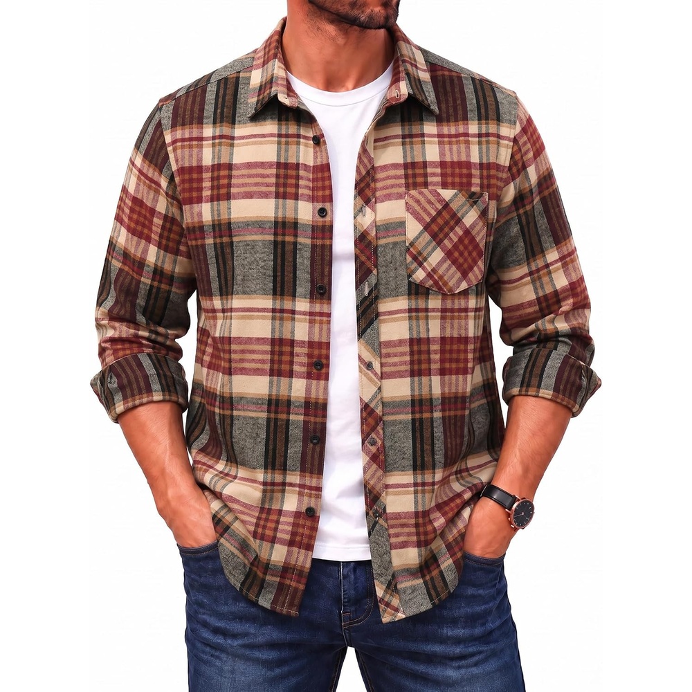 image:imageCOOFANDY Mens Flannel Plaid Shirts Long Sleeve Caual Button Down ShirtsKhakiwine Red