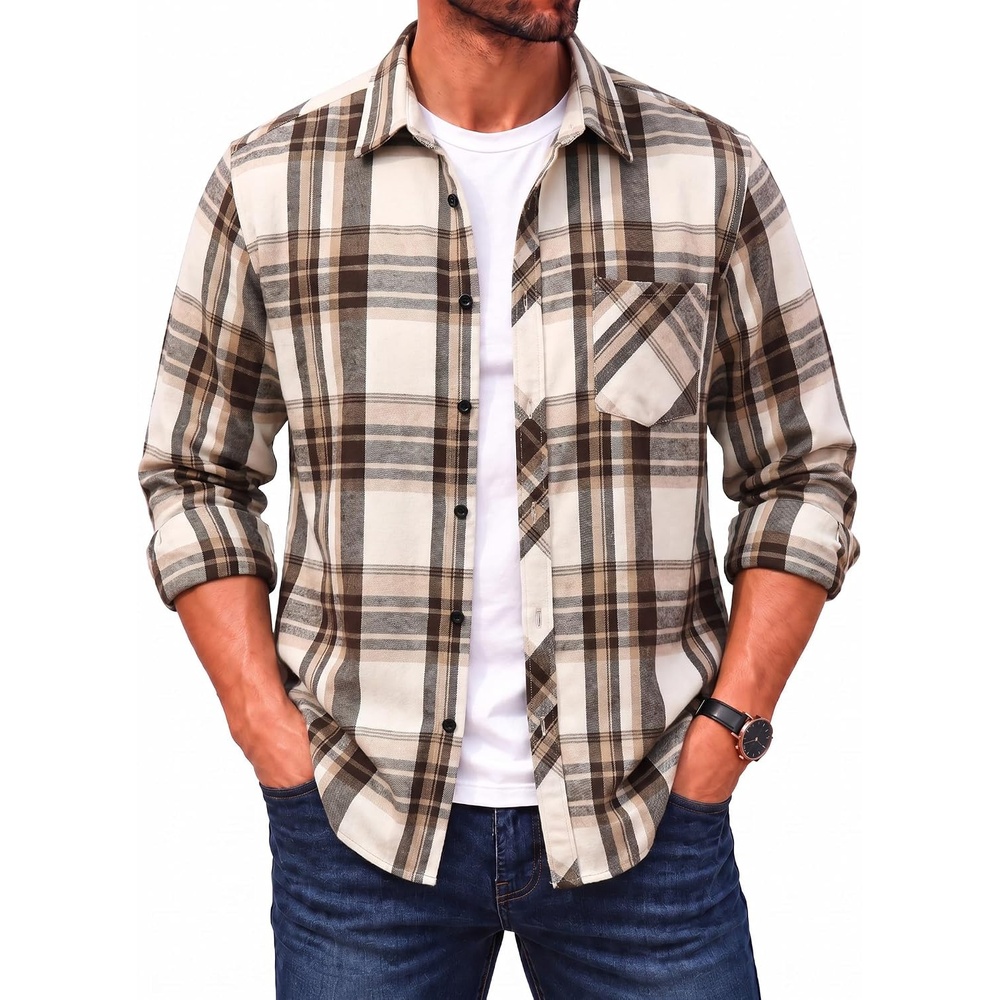 image:imageCOOFANDY Mens Flannel Plaid Shirts Long Sleeve Caual Button Down ShirtsLight Khakibrown