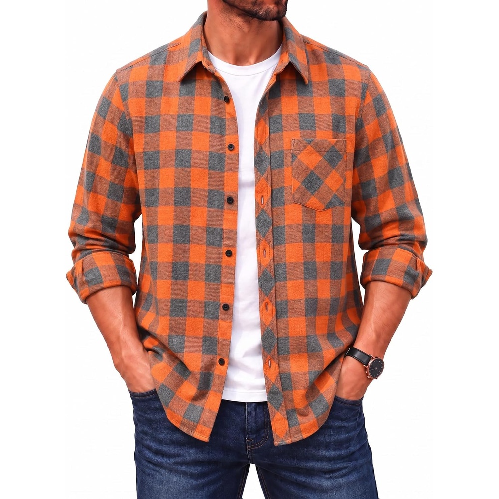 image:imageCOOFANDY Mens Flannel Plaid Shirts Long Sleeve Caual Button Down ShirtsOrange