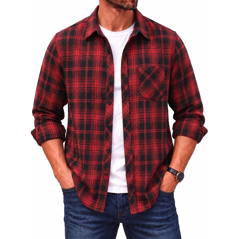image:imageCOOFANDY Mens Flannel Plaid Shirts Long Sleeve Caual Button Down ShirtsRed Black