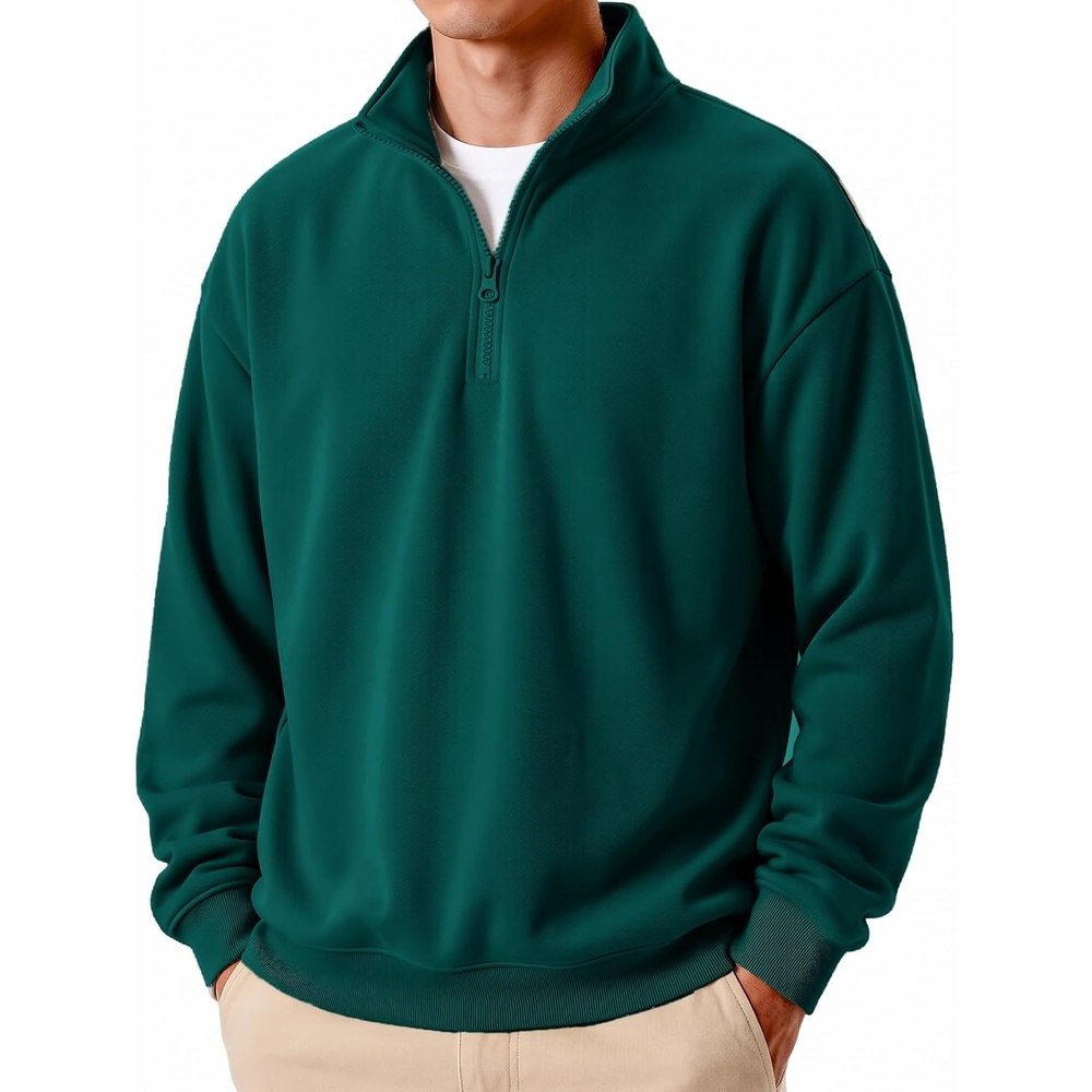 image:imageCOOFANDY Mens Quarter Zip Pullover Fleece Sweatshirt Casual Quilt SweaterLake Green