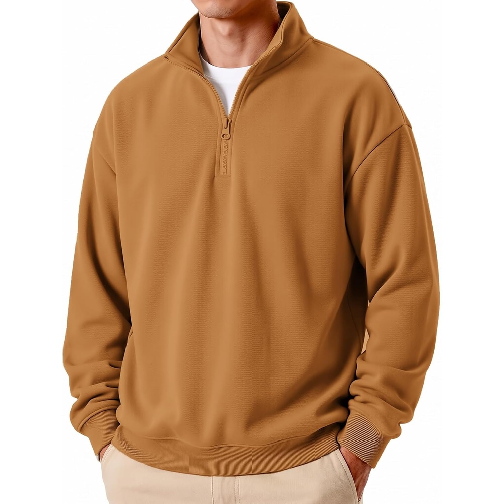 image:imageCOOFANDY Mens Quarter Zip Pullover Fleece Sweatshirt Casual Quilt SweaterLight Brown