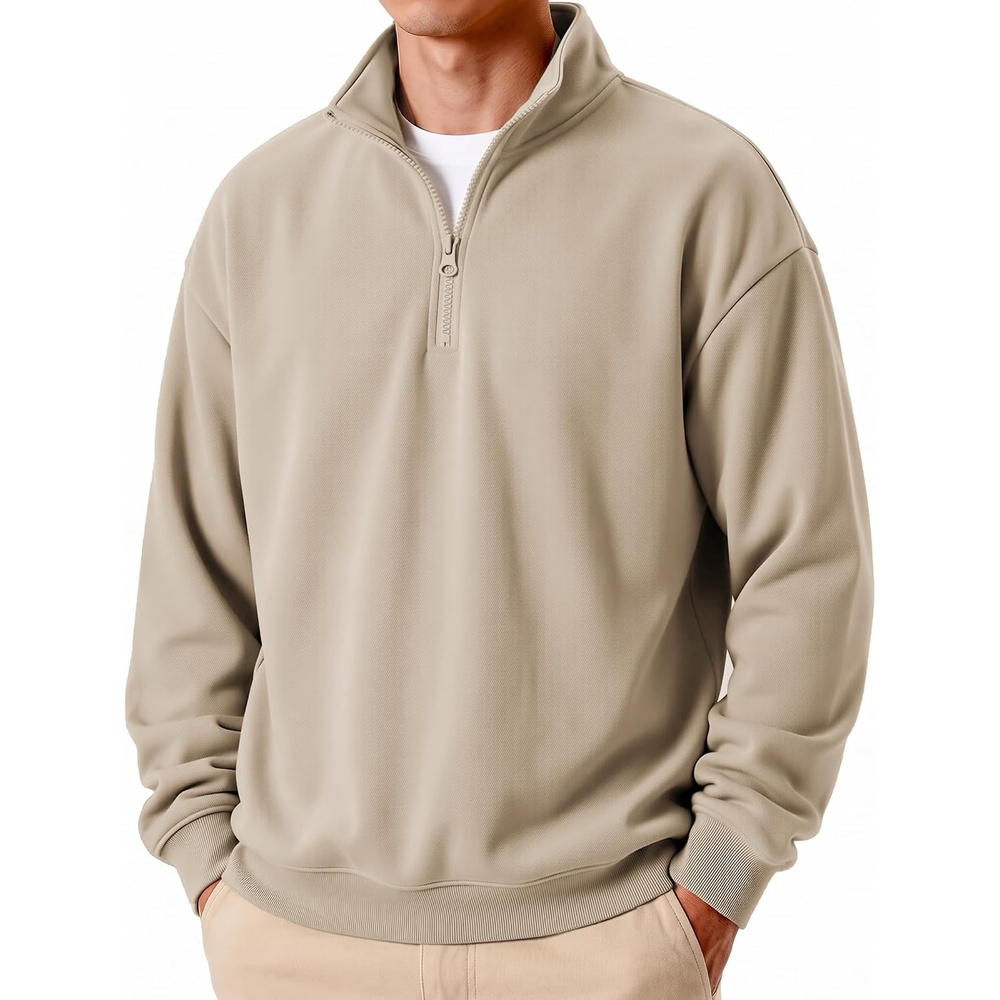 image:imageCOOFANDY Mens Quarter Zip Pullover Fleece Sweatshirt Casual Quilt SweaterLight Khaki