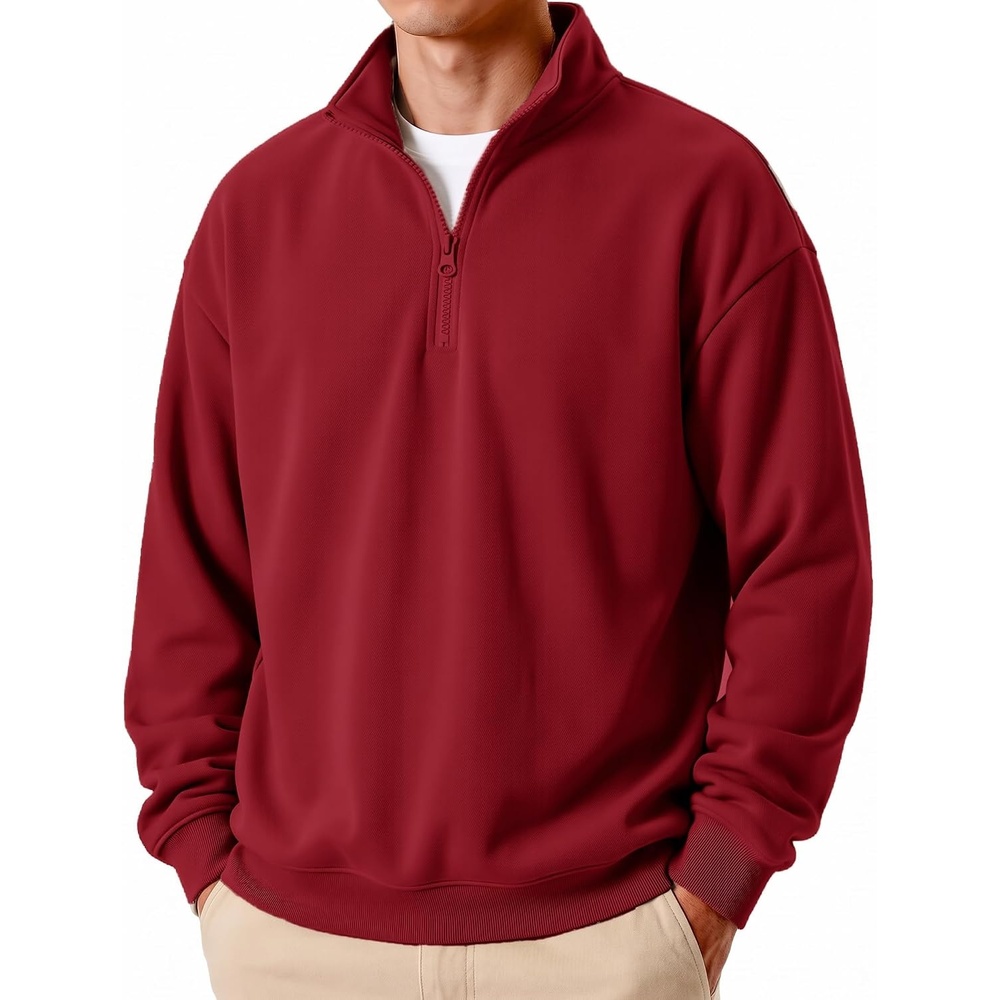 image:imageCOOFANDY Mens Quarter Zip Pullover Fleece Sweatshirt Casual Quilt SweaterWine Red