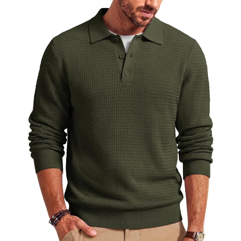 image:imageCOOFANDY Mens Sweater Long Sleeve Knitted Polo Textured Casual PulloverArmy Green