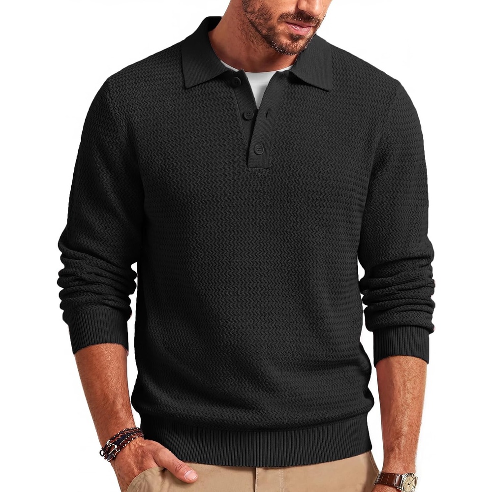 image:imageCOOFANDY Mens Sweater Long Sleeve Knitted Polo Textured Casual PulloverBlack