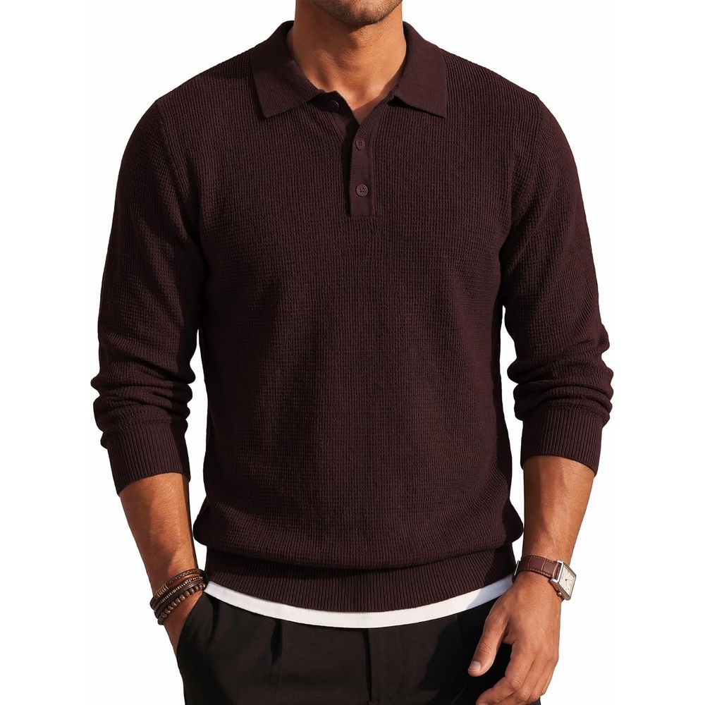 image:imageCOOFANDY Mens Sweater Long Sleeve Knitted Polo Textured Casual PulloverBrown