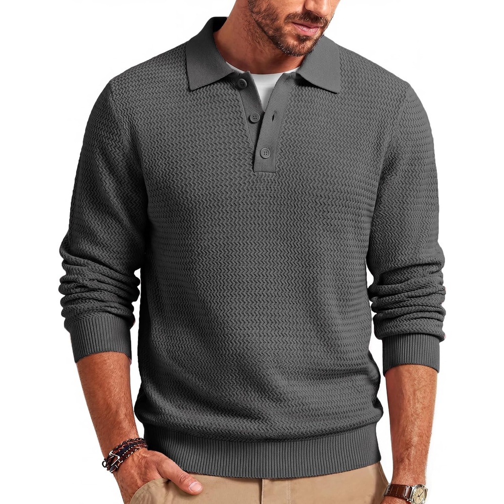 image:imageCOOFANDY Mens Sweater Long Sleeve Knitted Polo Textured Casual PulloverDark Grey