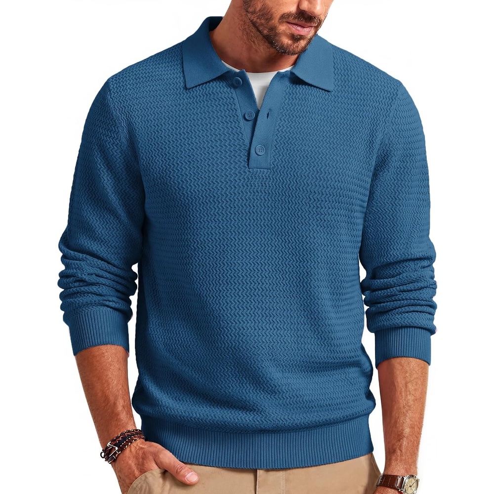 image:imageCOOFANDY Mens Sweater Long Sleeve Knitted Polo Textured Casual PulloverDeep Blue