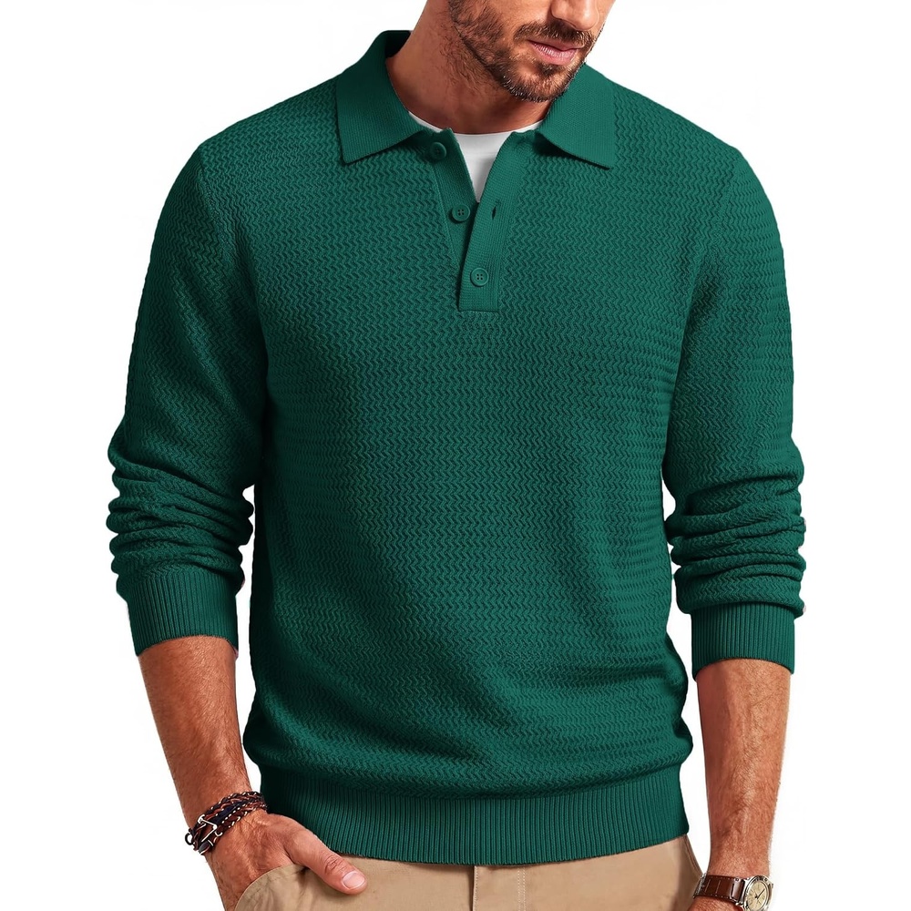 image:imageCOOFANDY Mens Sweater Long Sleeve Knitted Polo Textured Casual PulloverGreen
