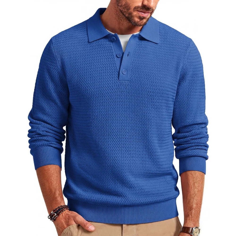 image:imageCOOFANDY Mens Sweater Long Sleeve Knitted Polo Textured Casual PulloverGrey Blue